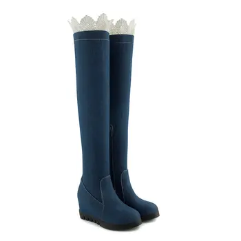 

Casual ruffles Jeans Long Botas Mujer Womens Denim Boots Over The Knee rouned Toe wedges High Heels platform Shoes Woman