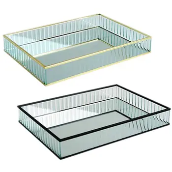 

2 Pcs Glass Mirror Tray Metal Edge Red Wine Plate Decorating Storage Tray Cake Tools Home Decoration Gold & Black