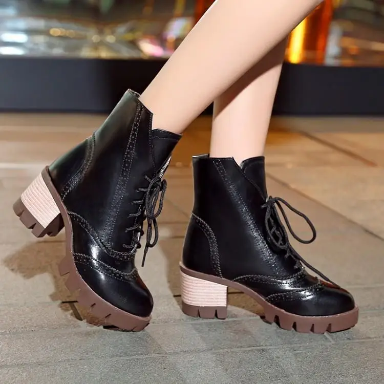 

Fashion Boots Lace Up Ankle For Women Platform High Heel Black Red Yellow Ladies Chelsea Spring/autumn Shoes Woman Square Heel