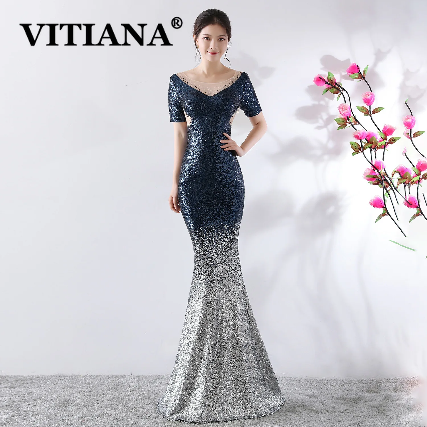

VITIANA Women Trumpet Sexy Party Long Dress Female Mesh Sequined Host Elegant Banquet Dresses Femme Blue Noble Vestidos