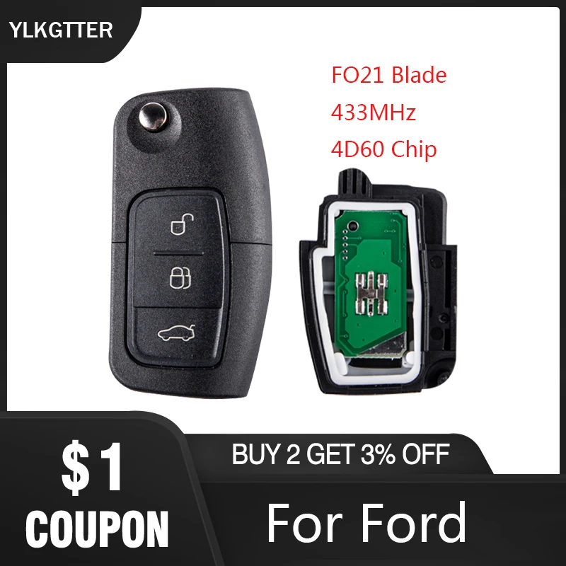 

YLKGTTER 3 Buttons Folding Remote Car key Fob For Ford Mondeo Focus 2 Fiesta with 433MHz Transponder Chip 4D60 & Uncut DIY Blade