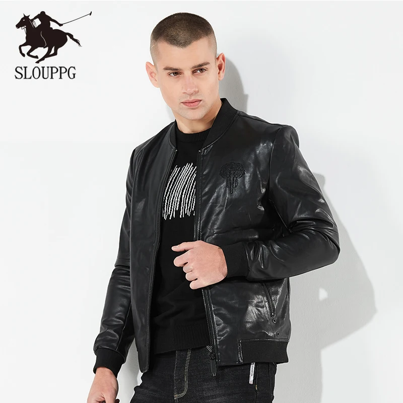 SLOUPPG, новинка, высокое качество, мотоциклетная велосипедная кожаная куртка, Мужская джинсовая тонкая куртка, Мужская Черная куртка, Мужская куртка высокого качества