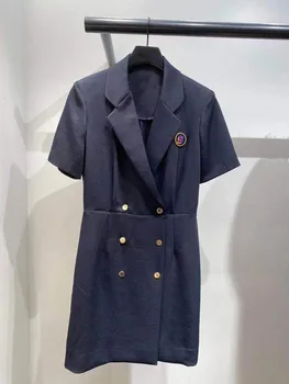 

2020 Summer Temperament College Wind V Collar Double Row Buckle Short Sleeve Slim Dress 93307
