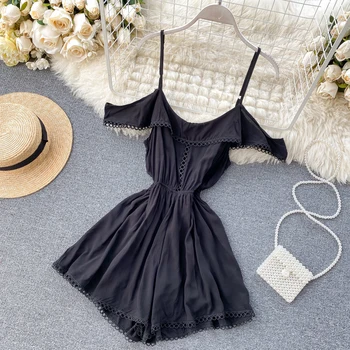 

Summer Women's Jumpsuit Straps Off-the-shoulder Cutout Short Wide-leg Pants