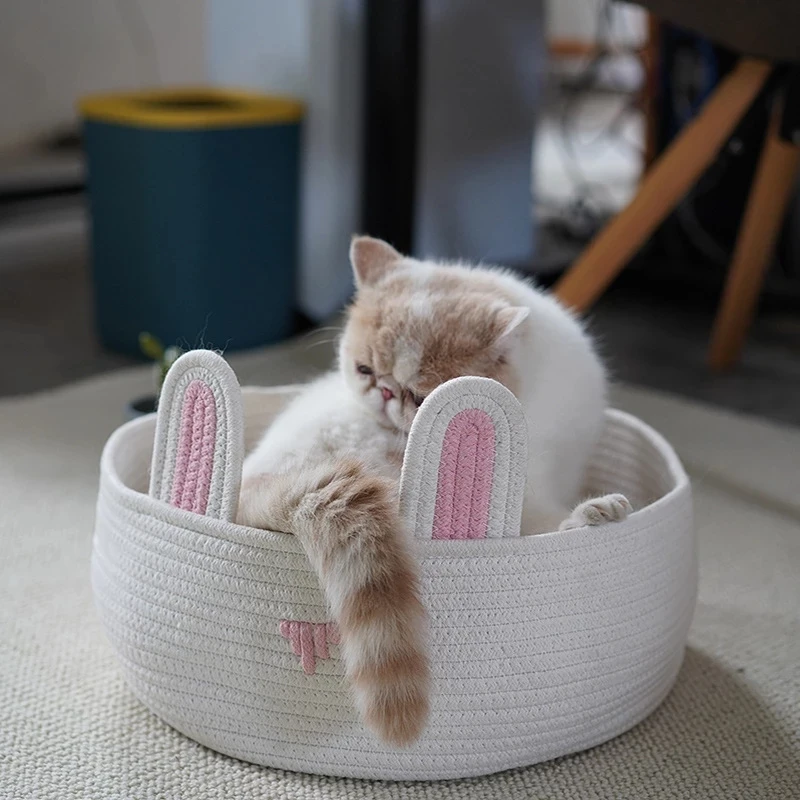 

Cat Bed Summer Cotton Rope Woven Round Lounger for Cats Anti-scratch Pad Kennel House Pet Dog Sleeping Basket Nest Kattenmand