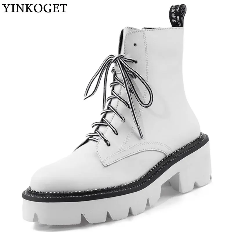

YINKOGET hot sale genuine leather women lace up boots casual ladies boots new Autumn Winter girl fashion motorcycle boots