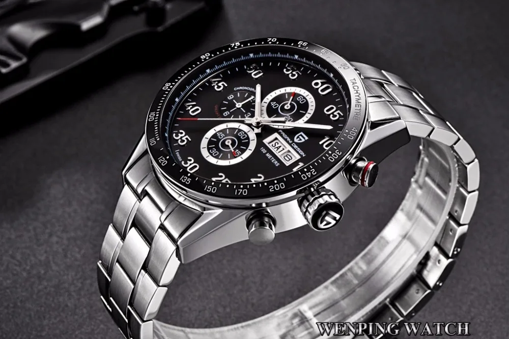 PAGANI дизайнерские мужские топ часы с черным циферблатом ДАТА нержавеющая сталь/кожаный ремешок многофункциональные кварцевые часы-тахеометр