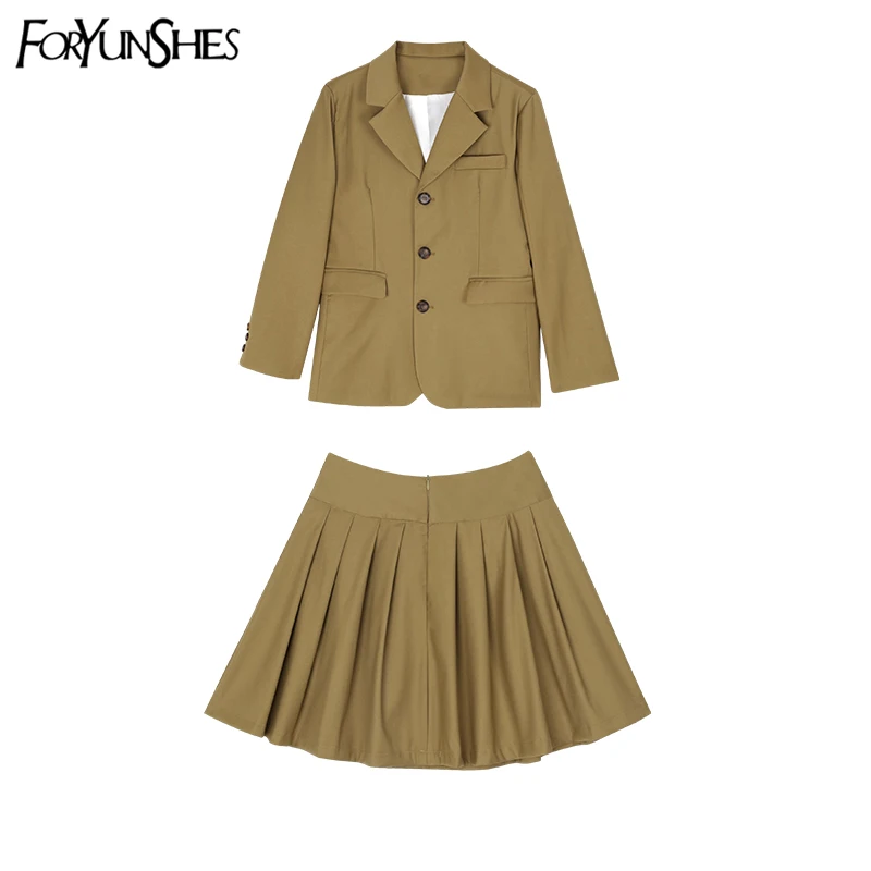 FORYUNSHES 2 Pieces Set Women Business Suits 2020 Autumn Fashion Korean Style Office Ladies Solid Blazer + Pleated Mini Skirt