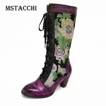 

Mstacchi Woman Print Embroider Patchwork Cross-tied Long Boots Ethnic Low Heel Flower Sewing Winter Madam Les Bottes Basses