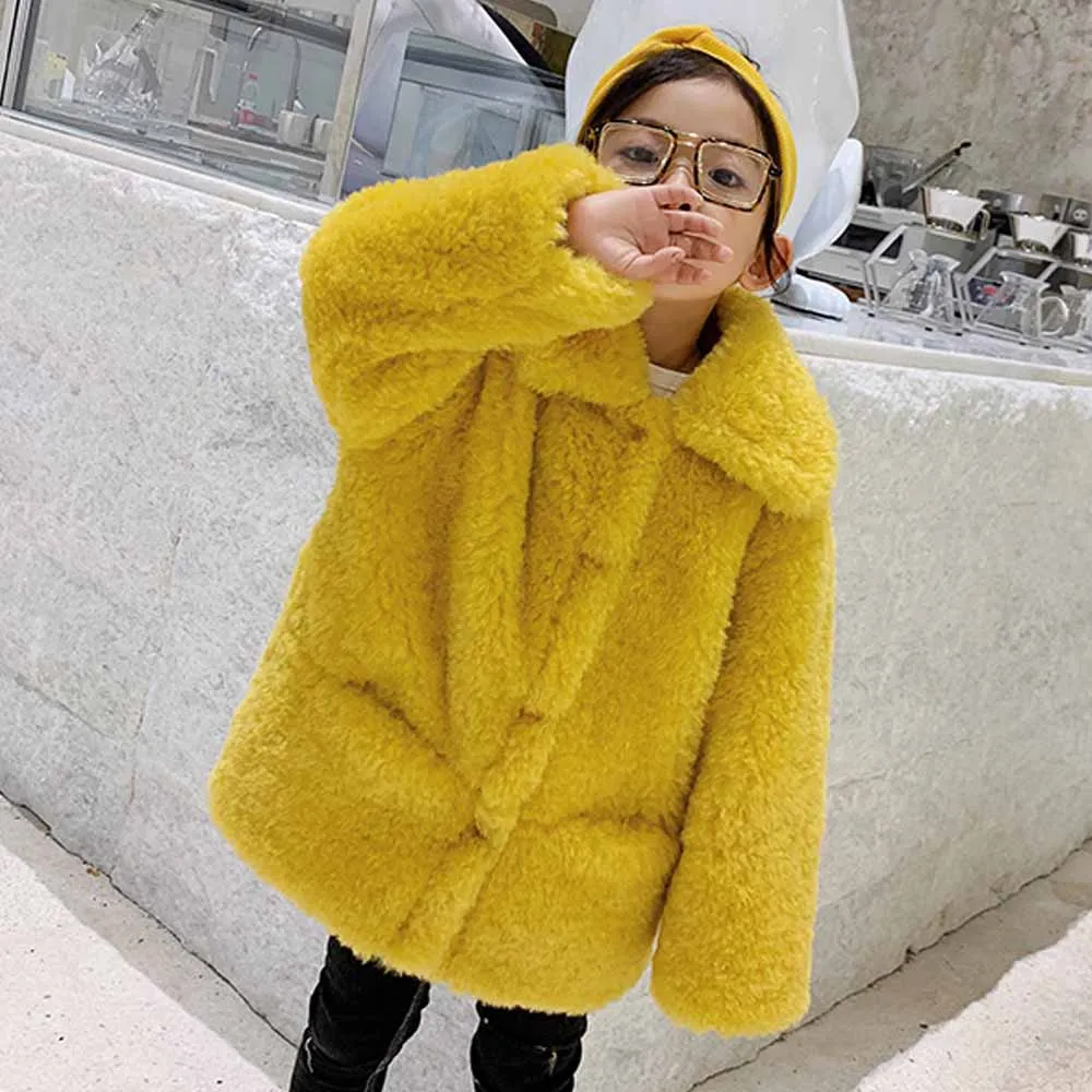 

ANSFX Stylish Mother Daughter Son Faux Lamb Fur Lapel Hairy Shaggy Outwear Winter Keep Warm Jacket Coat Two Pockets Tops 4 Color