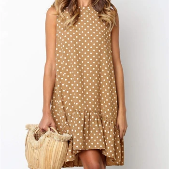 

Summer Women Fashion Polka Dot Printed Sleeveless Dresses Casual Loose Round Neck Daily Ruffles Dresses Women's Clothing