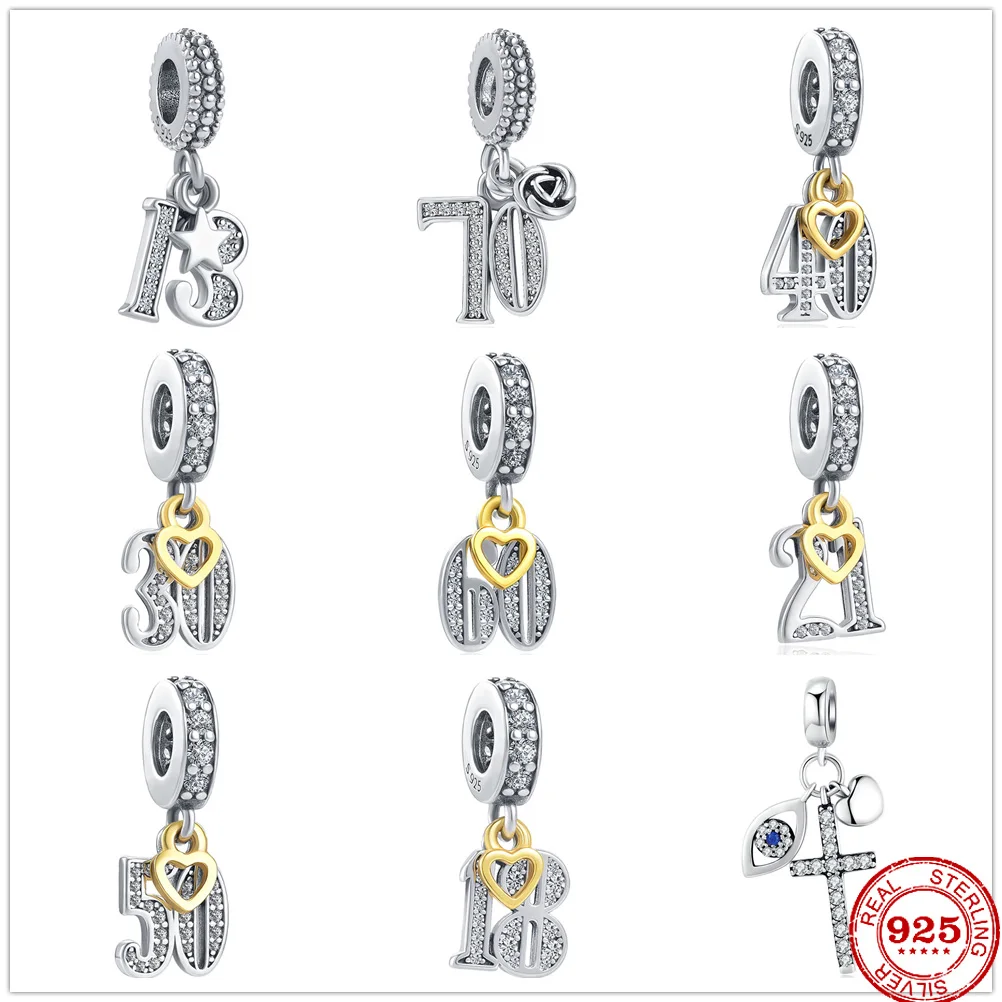 New 13 15 18 21 30 40 50 60 70 Th Pendant Dangle Charm DIY fine beads Fit Original Pandora Charms Silver 925 Bracelet Jewelry | Украшения и
