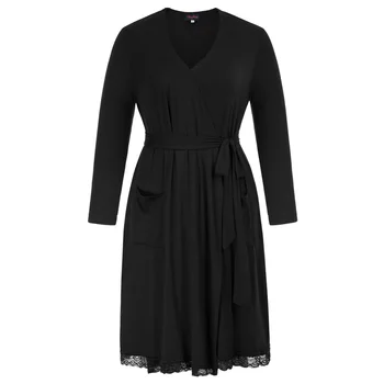 

HN Women Plus Size Comfy Sleep Robe Long Sleeve Surplice V-Neck Bathrobe Fat Boy Size Lace Hem Japanese Cotton Nightgown