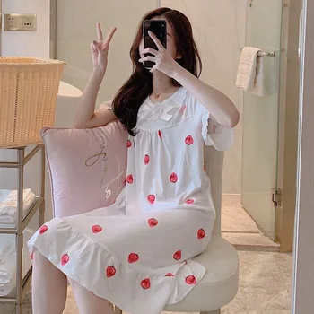 

2020 Summer Sweet Lace Princess Nightgowns for Women Short Sleeve Print Sleepwear Night Dress Girls Home Dress Nightdress Nighty