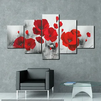 

5PCS Red Poppy Rose Flower Canvas Printed Art Painting Picture Home Wall Living Room Bedroom Office Hallway Bar Hotel Decor