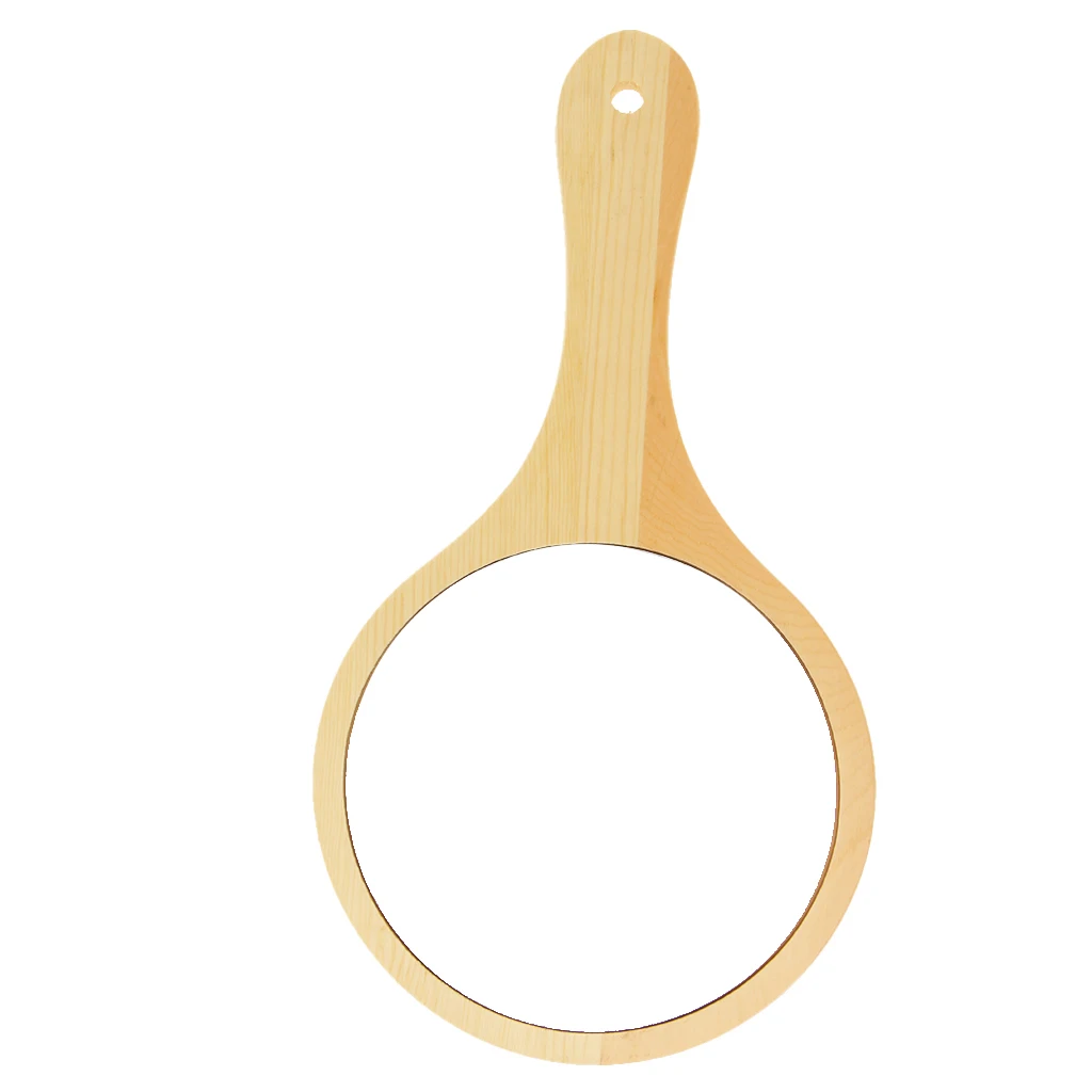 Portable Round Wooden Handheld Compact Makeup Vanity Hand Mirror with Hanging Hole for Bathroom Bedroom