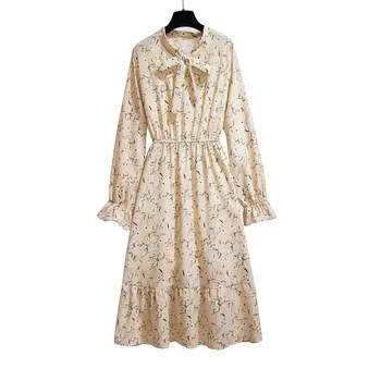 

New Spring Fashion Elegant Ladies Bow Dresses Women Floral Chiffon Dress Long Sleeve High Waist Casual Autumn Dress Vestidos