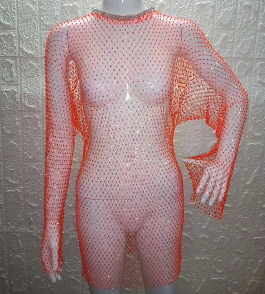 VIKINII Long Sleeve Hollow Summer Beach Crystal Dress 2020 Sexy Women Cover Ups Rhinestone Dresses Gold Beach Female Cover Ups