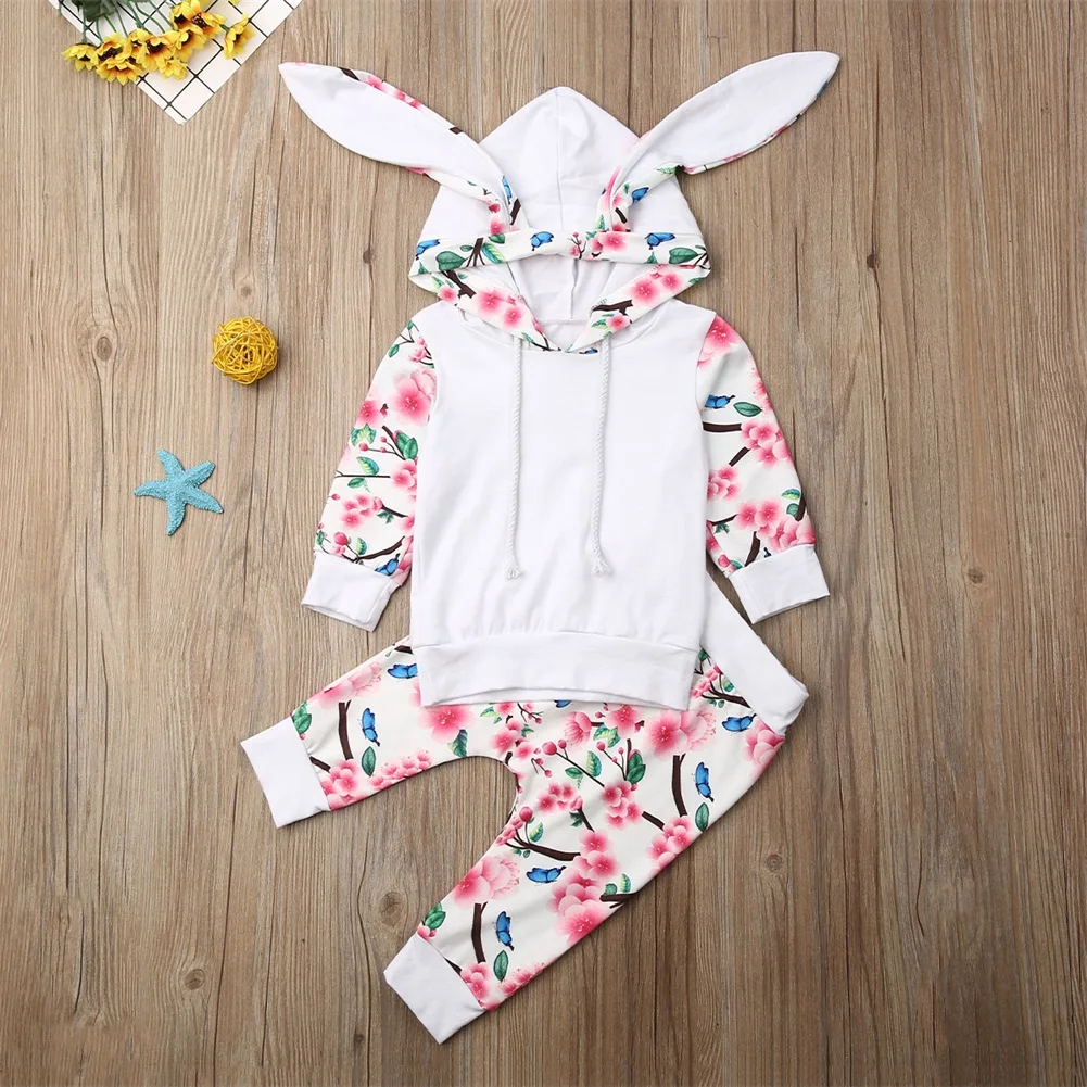 CANIS-осенняя одежда для новорожденных мальчиков и девочек комплект из топа с капюшоном и длинными рукавами с цветочным принтом с заячьими ушками+ штанов