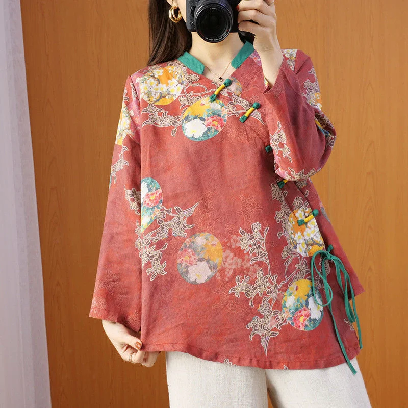 Cotton Linen Cheongsam Top Women Printing Retro Chinese Style Shirt Hanfu Zen China Traditional Tang Suit Blouses Femme Harajuku