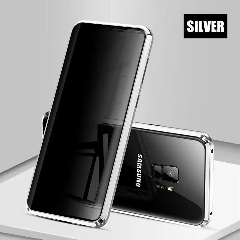 Конфиденциальное металлическое магнитное закаленное стекло чехол для телефона для samsung Galaxy S8 S9 S10 Plus Note 8 9 магнит анти-вид 360 Защитный чехол - Цвет: Серебристый