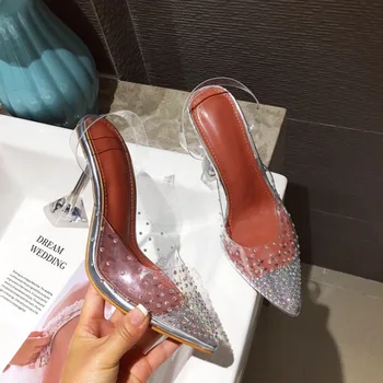 

PVC Transparent Women Sandals Crystal Pointed end High Heels Shoes Ladies Perspex Spike Heel Back Strap Pumps