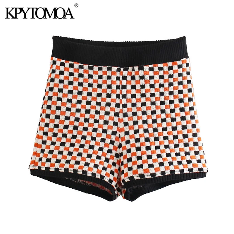 KPYTOMOA Women  Fashion Jacquard Check Knitted Shorts Vintage High Elastic Waist Patchwork Female Short Pants Mujer basketball shorts