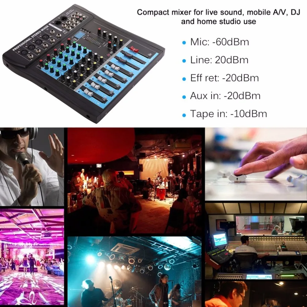 CT6 6 Channel Professional Stereo Mixer Live Audio Sound Console Vocal Effect Processor with 4-CH Mono & 2-CH Stereo Input