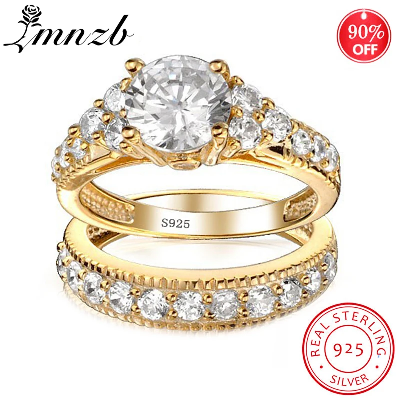 

LMNZB With Certificate 100% 925 Solid Silver Rings Set For Women 2.0ct CZ Zircon Pure Gold Wedding Rings Set for Bride LR045