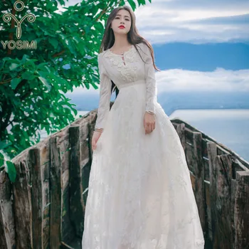 

YOSIMI chiffon Long Women Dress 2020 Autumn Maxi Elegant Flore Embroidery Vintage O-Neck Lace White Long Sleeve Female Vestidos