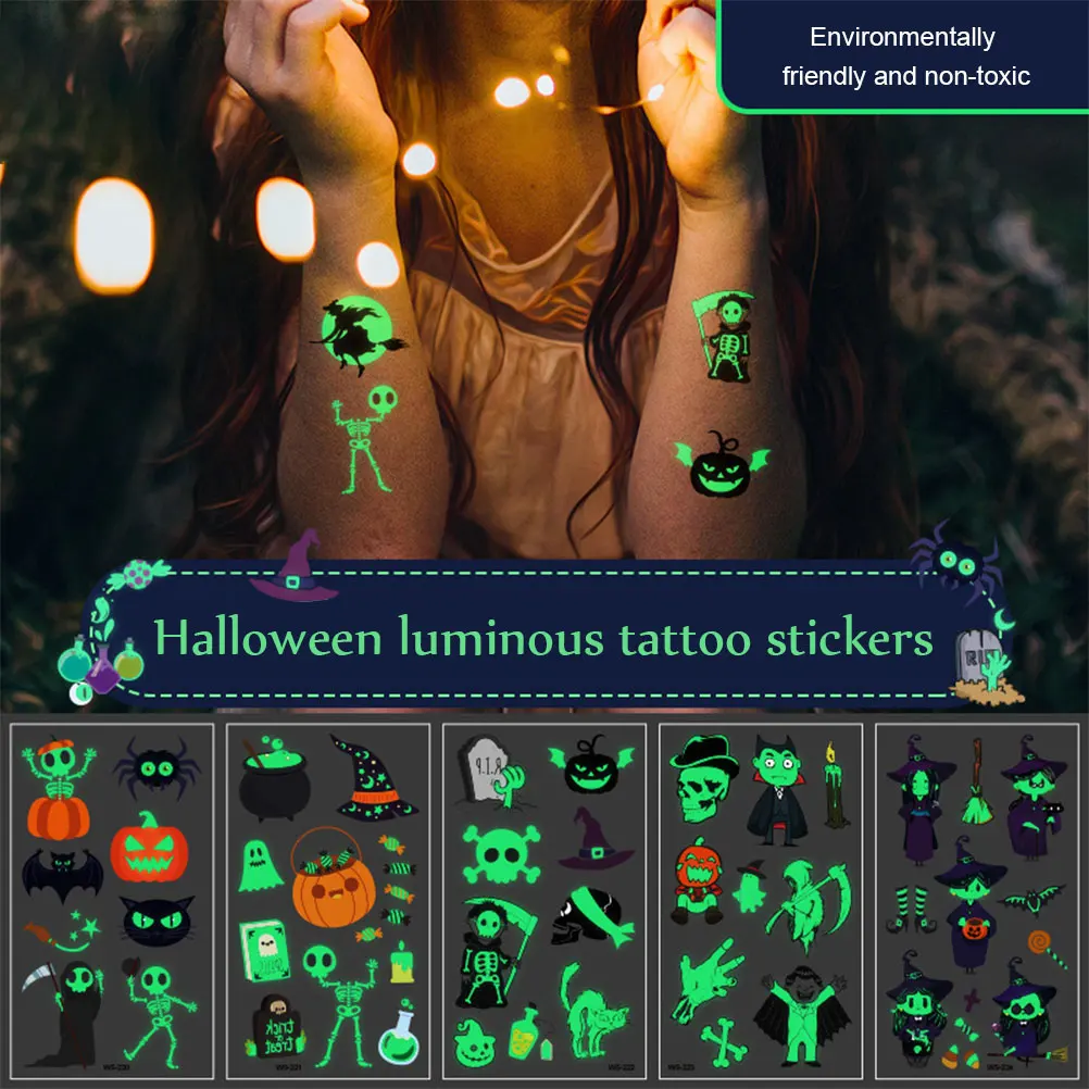 

10Pcs Halloween Night Light Tattoo Sticker Witch Ghost Shining In Dark Waterproof Temporary Tattoo Sticker