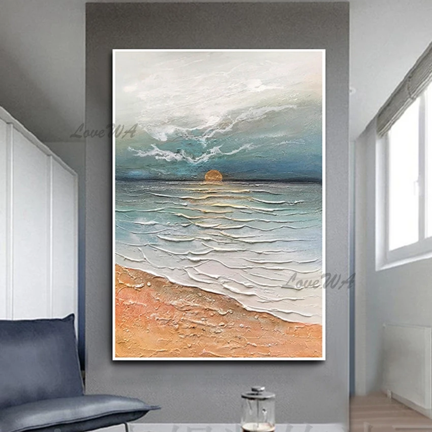

Abstract Textured Acrylic Art Seascape Pure Hand Painted Sunset Scenery Oil Painting No Frame Canvas Wall Art Paintings Picture