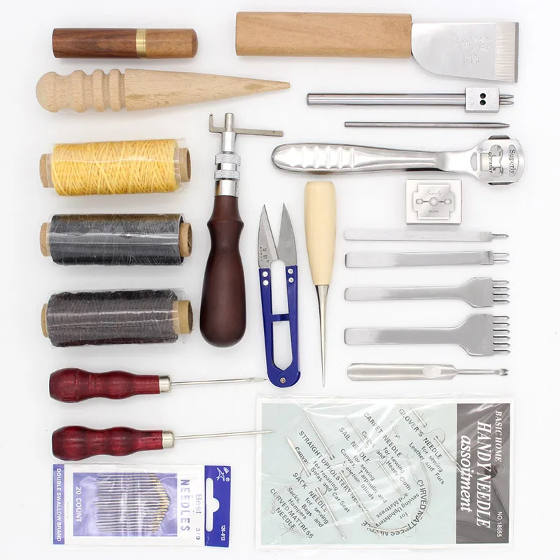 

Leather Craft 21 Pcs/Lot Hand Tools Set for Leather Edge Sewing,Hole Punching Thread Scissors,Awl with Hook Thinning Groover