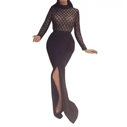 Женский сексуальный О-вырез Платье макси с длинным рукавом блесток платье для вечеринки с разрезом черный тонкий мягкий сенсорный платья