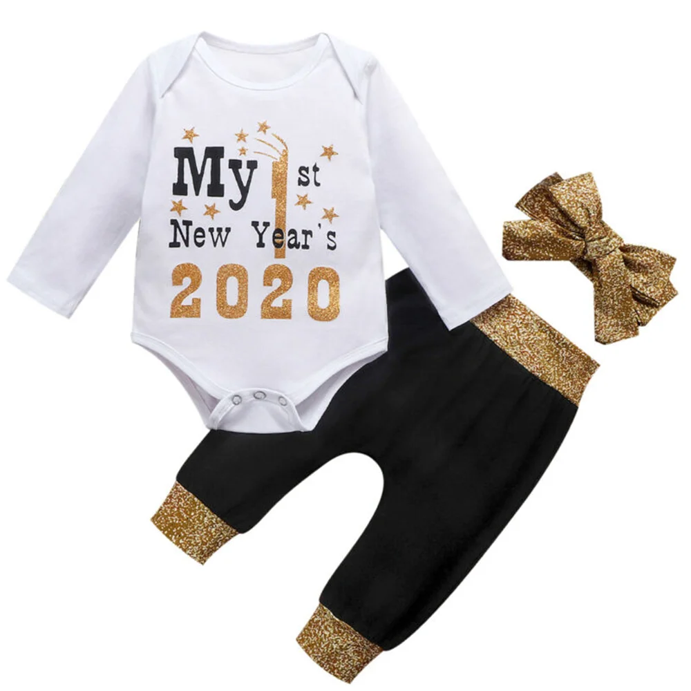 Комплект одежды для маленьких девочек с надписью «My First new year», комплект одежды из 3 предметов для новорожденных девочек: топ+ юбка+ повязка на голову, 0-24 месяца