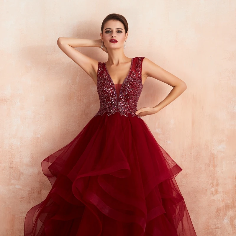 Винно-красные вечерние платья выпускного вечера с оборками элегантные бисероплетенные Блестки без рукавов фея vestidos de gala v-образным вырезом Вечерние платья