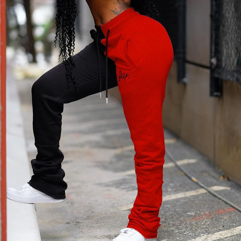 Pantalones de dos tonos para mujer, pantalón informal, holgado, con cordón de cintura alta