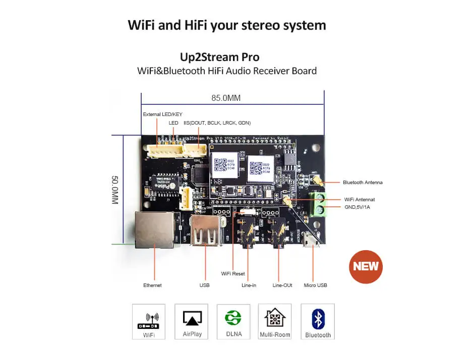 Up2Stream Pro WiFi и Bluetooth 5,0 HiFi аудио приемник плата с spotify airplay dlna Интернет-радио и потоковой музыки