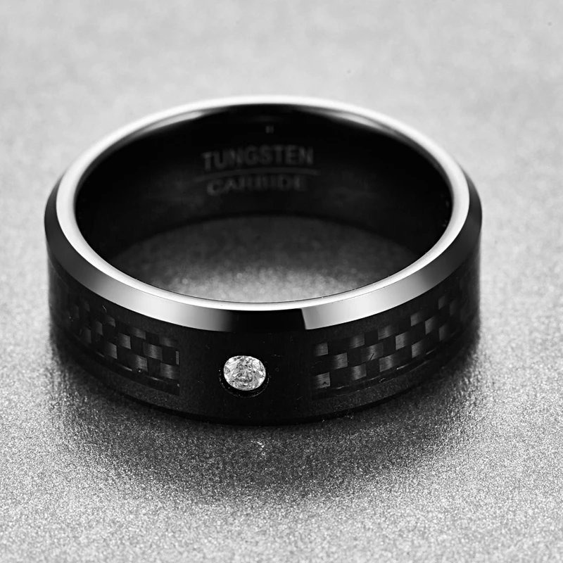 Nuncad Black Carbon Fiber Oblique Angle Tungsten Steel Men Electroplated Polished Crystal Wedding Band Female Jewelry