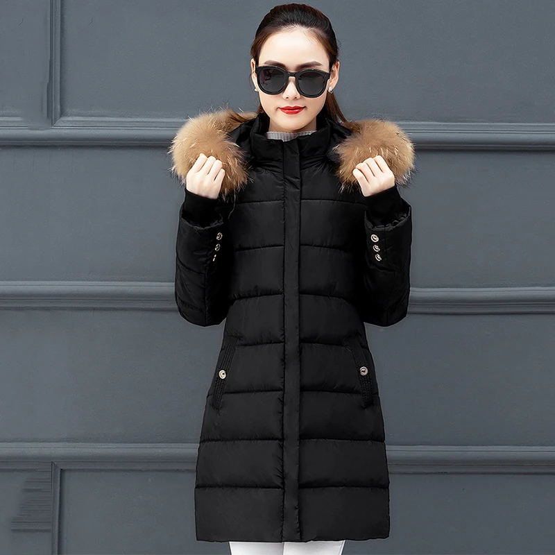 Повседневная женская зимняя куртка 2019 с капюшоном и меховым воротником женское