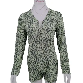 

Sexy Woman In V-Neck Tights Stretches Dollar Bill Pattern Onesie Shorts Rompers Adult Bodysuits Onesie Pajamas Abdl Bodysuit
