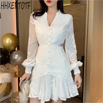 

2020 summer Flower Embroidery White Dress Women V Neck Long sleeve Patchwork Ruffles Waist Hollow Out Dress