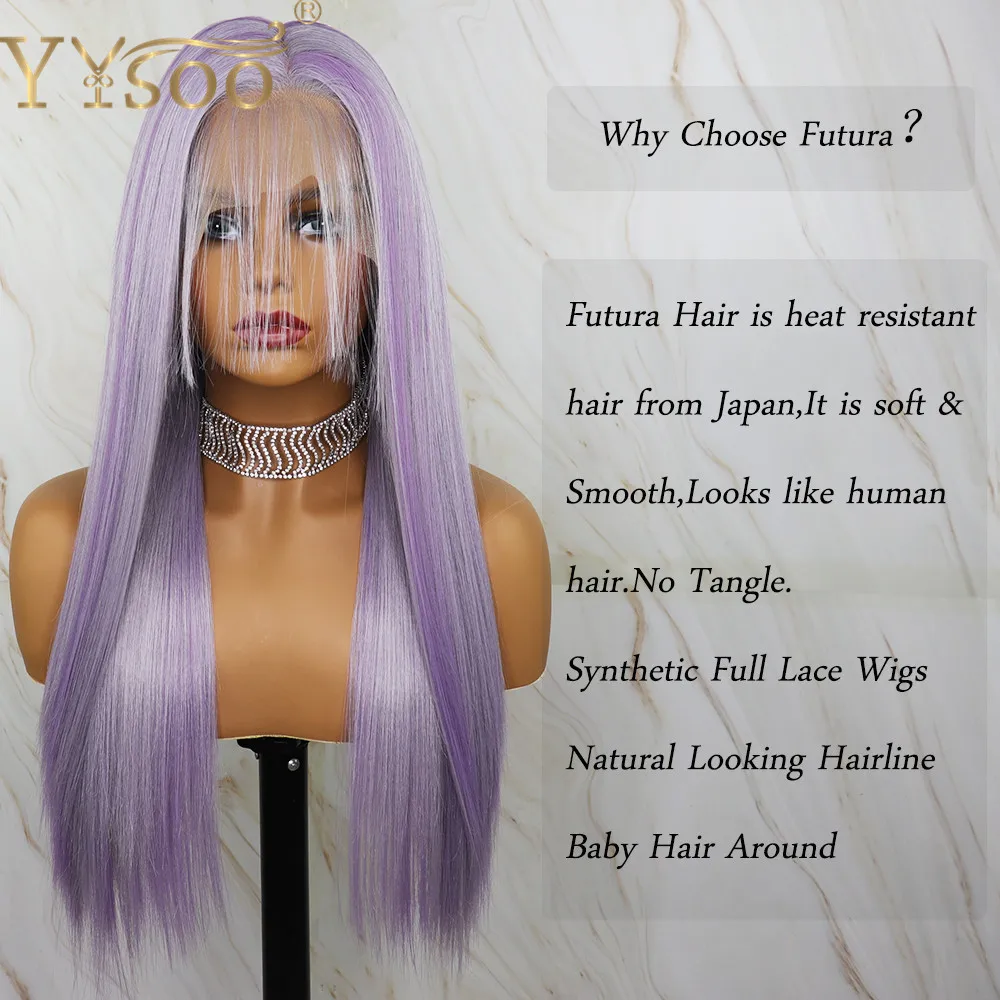  YYsoo Long Purple Highlight Synthetic Full Lace Wigs Japan Futura Synthetic Silky Straight Wig With