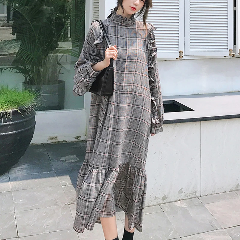 

LANMREM 2019 New Fashion Autumn Sweet Fresh High Neck Plaid Petal Sleeve Draped Slim Chiffon Women The Trumpet Dress AI739