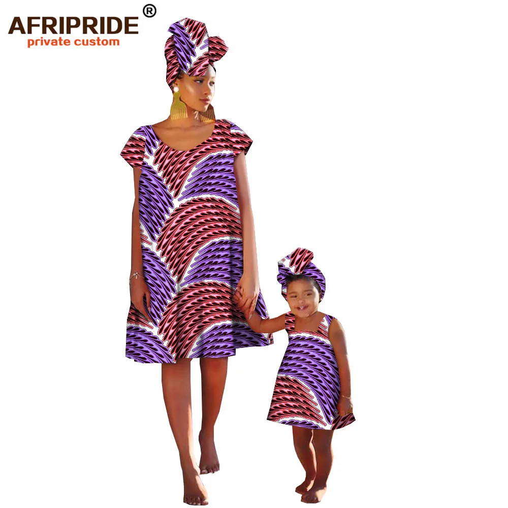 Африканские Восковые Семейные платья для женщин и девочек AFRIPRIDE, изготовленные по индивидуальному заказу, хлопковые платья длиной до колена с подходящей повязкой на голову A19F003