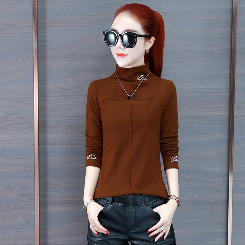 Caramel Color Женская Толстая футболка,, Корейская новинка, Осень-зима, модная, пэчворк, половина, водолазка, длинный рукав, для офиса, для девушек, тонкая, внутри, Топ - Цвет: Caramel Color