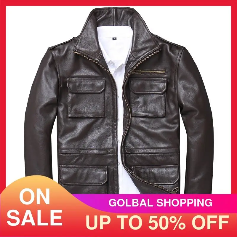 2021 коричневые мужские умные повседневная кожаная куртка четыре кармана размера