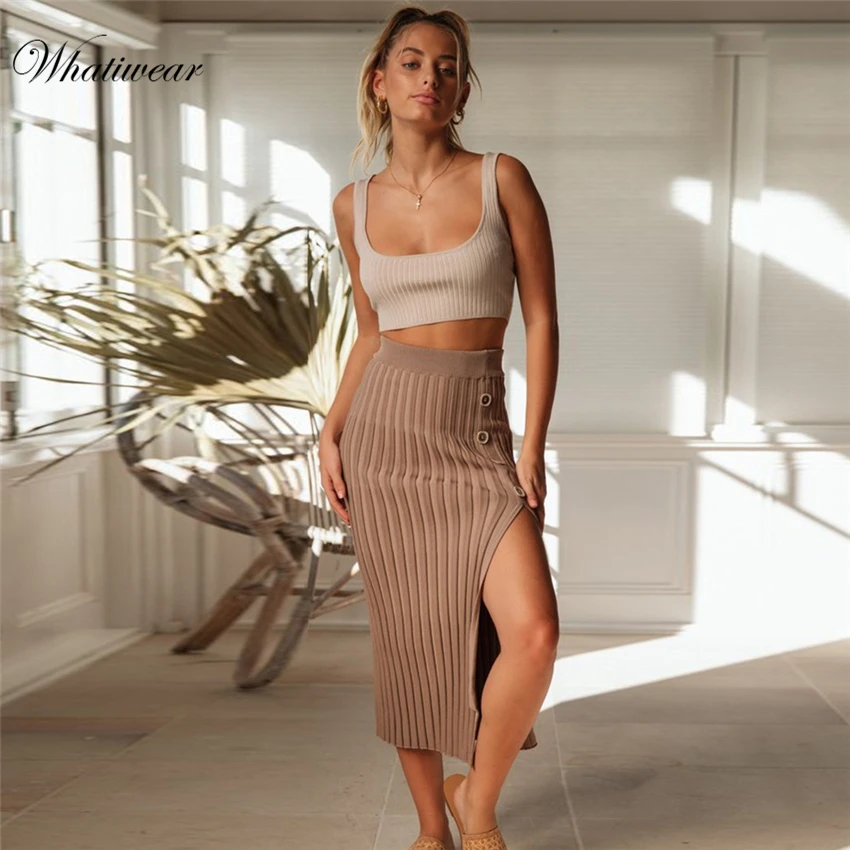 Whatiwear 2019 однотонная сексуальная юбка с разрезом Осенняя уличная мода высокой