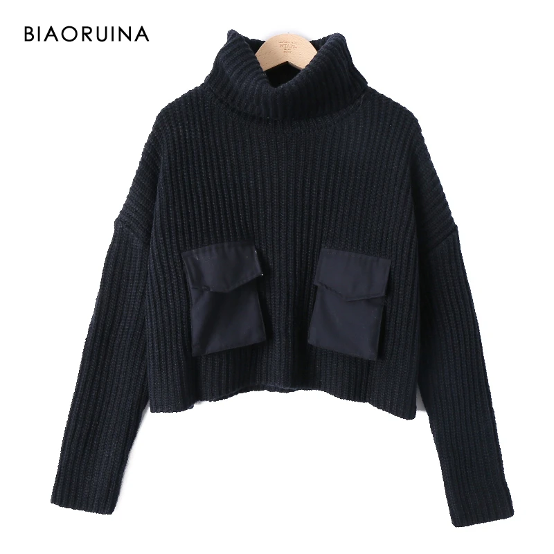 

BIAORUINA Women's Black Casual Short Knit Turtleneck Sweater Patchwork Pockets Female Fashion Oversized High Waist Pullover