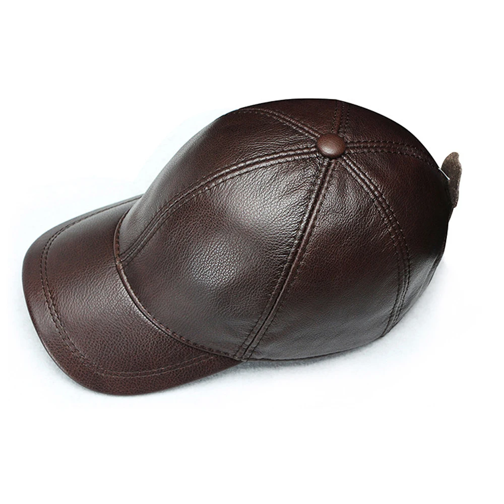 Men Real Cowhide Leather Earlap Caps Male Fall Winter 100% Real Cow Leather Hats New Casual Real Leather Outdoor Baseball Cap 6